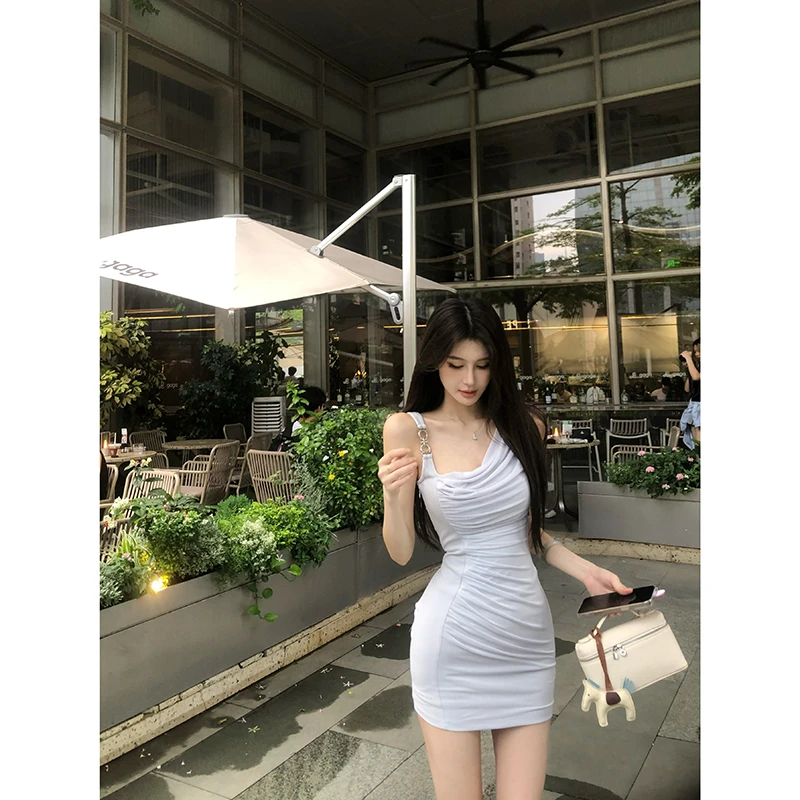 【钓系遐想】赴约辣妹斜肩连衣裙女设计师小众网纱显瘦收腰包臀短裙