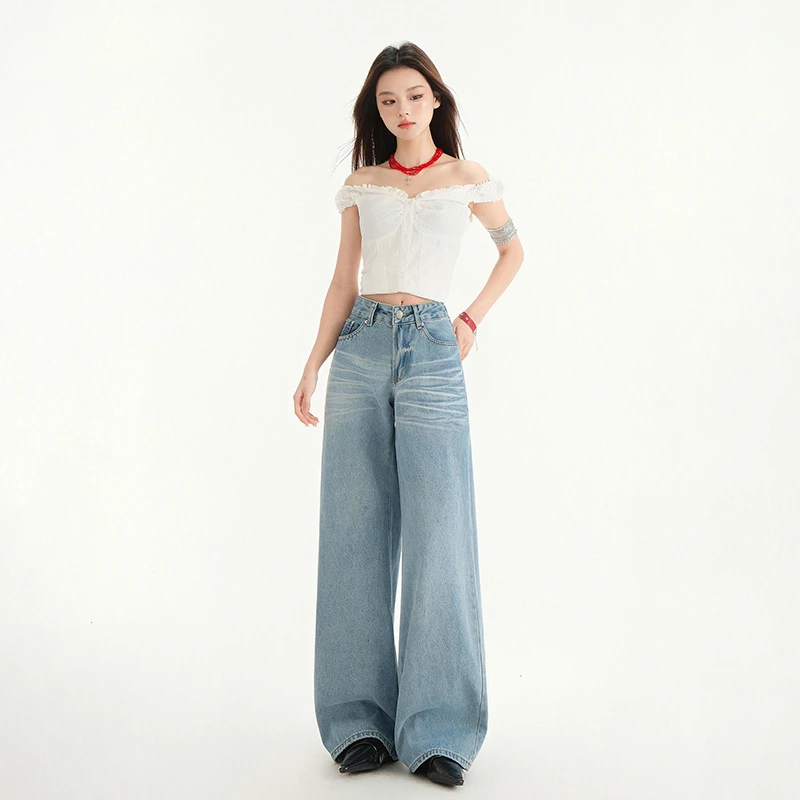 美式复古牛仔裤女25年春夏高腰皮拼接卯钉压皱设计感宽松直筒裤