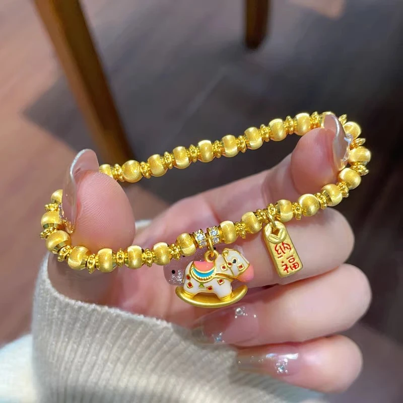 瑞诺黄金小木马猫眼金珠手链女足金手串生日七夕情人节礼物送女友