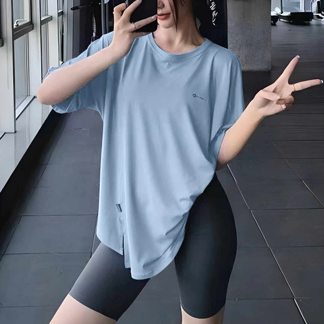 运动上衣女夏季大码短袖T恤瑜伽宽松速干字母遮臀健身服跑步罩衫