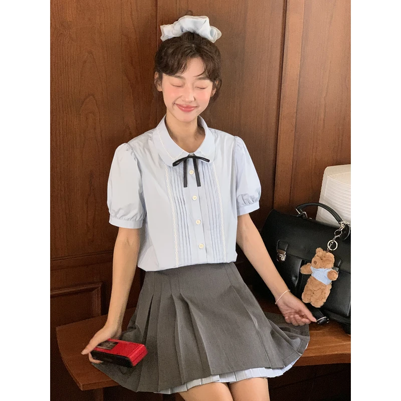 Jiang jam/姜姜姜酱少女感蓝色娃娃领绣花衬衣