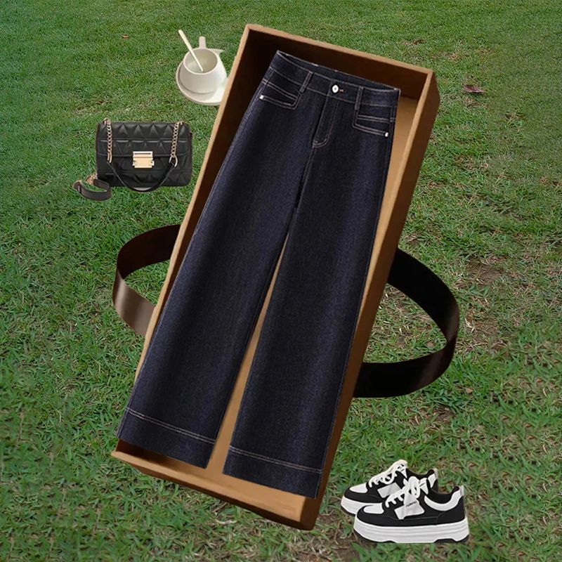 棉弹牛仔阔腿裤女2025春夏季弹力九分显瘦直筒宽松休闲阔腿长裤子