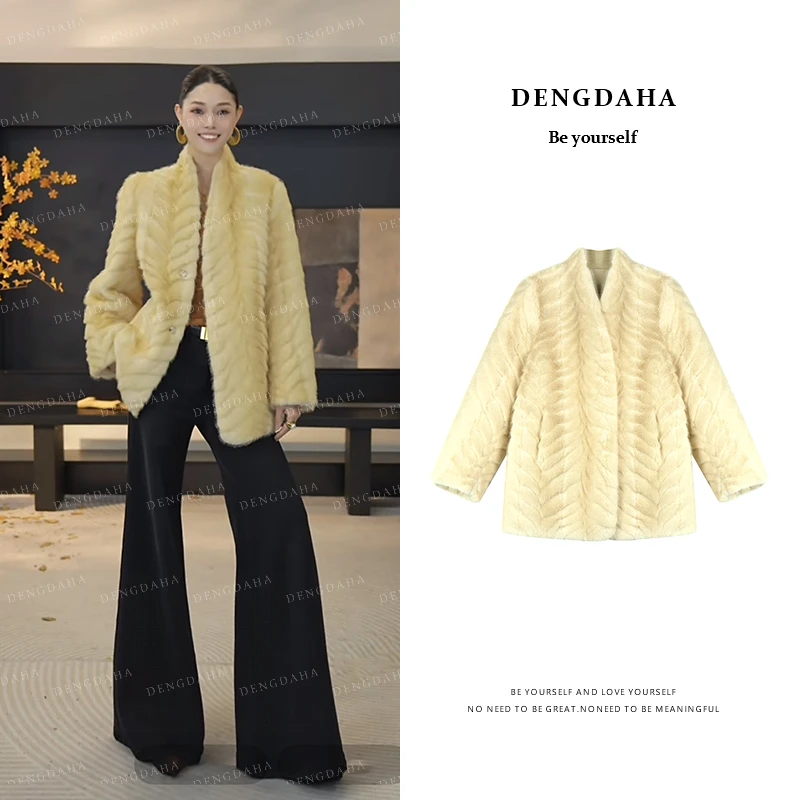 DENGDAHA「琥珀漫雪」人字纹环保毛一体外套上衣 A9089