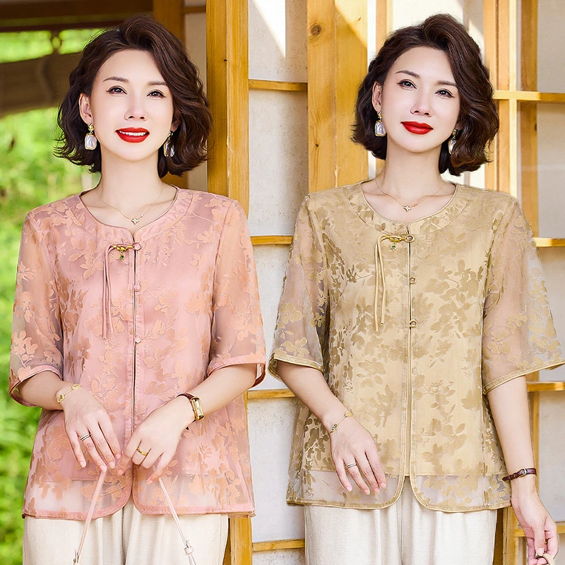 妈妈时尚夏装短袖小衫气质2025新款中老年女装洋气T恤衬衫上衣