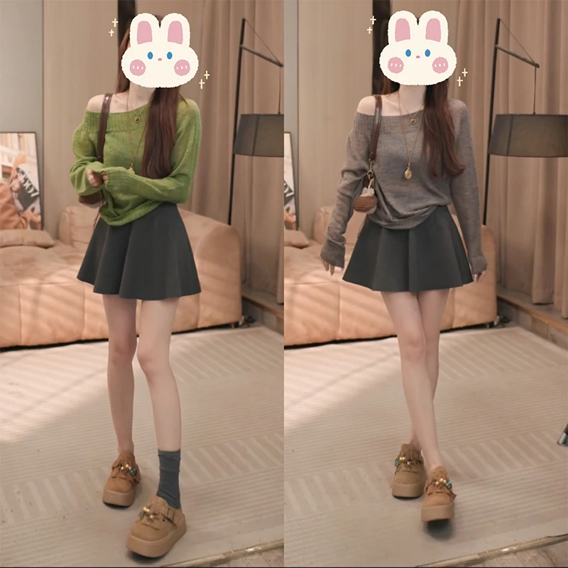 巨好看的一字领斜肩针织衫毛衣女秋季新款宽松慵懒风长袖露肩上衣