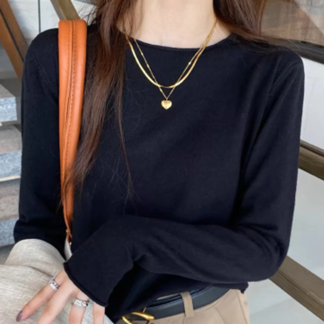秋季新款女装长袖打底衫纯色修身显瘦针织上衣