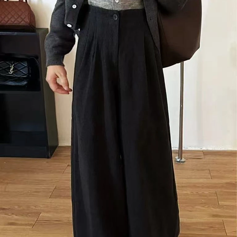 W70秋冬新款韩系厚松紧高腰百搭垂感呢子阔腿裤休闲显瘦