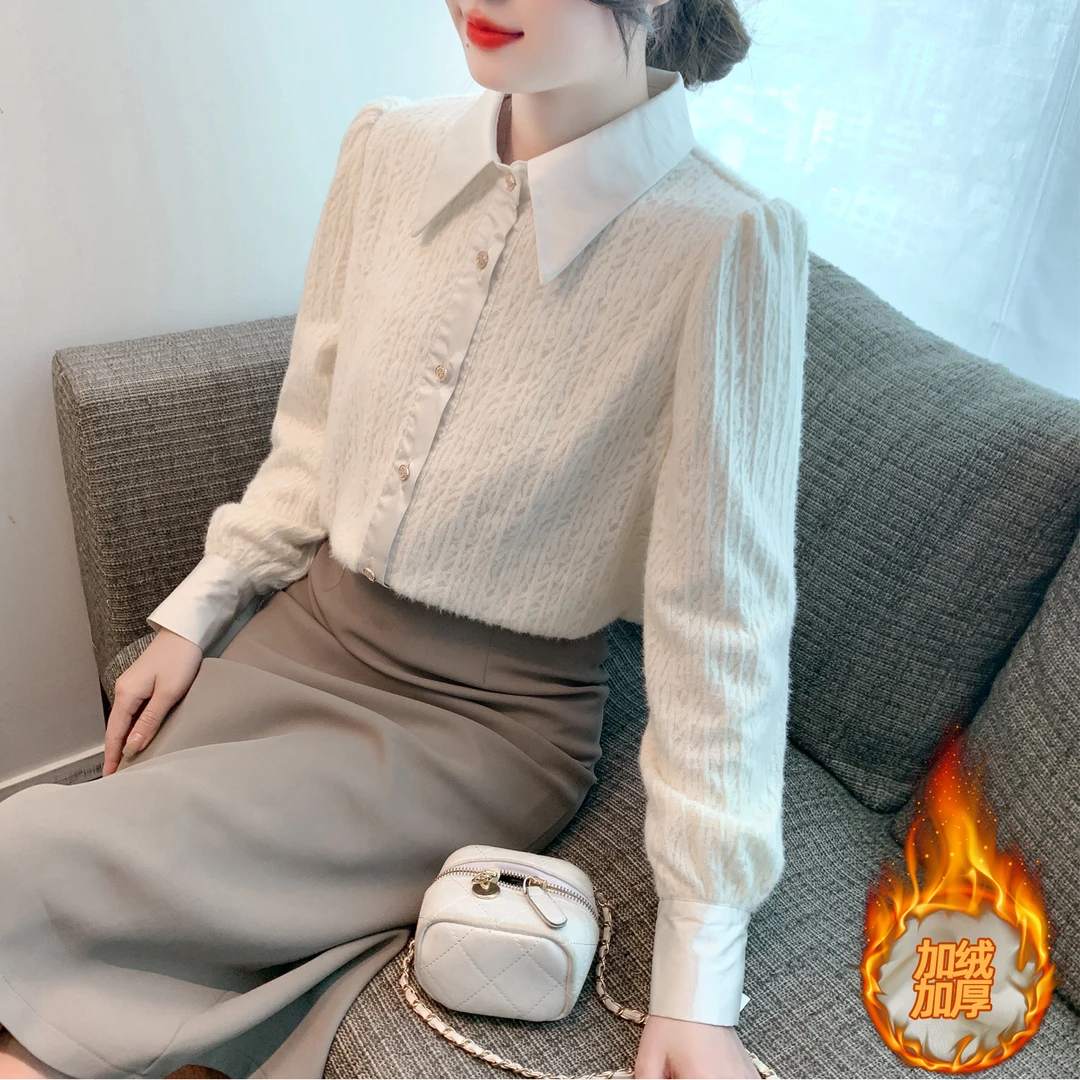 加绒加厚蕾丝衬衫女秋冬款设计感小众时尚洋气衬衣长袖打底衫上衣