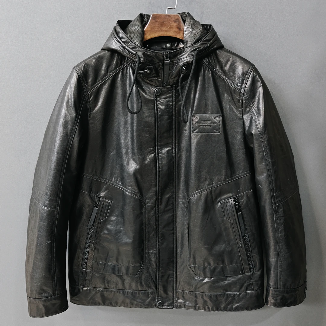男士真皮新款油蜡牛皮休闲连帽冬季羽绒内胆可拆卸外套皮夹克皮衣