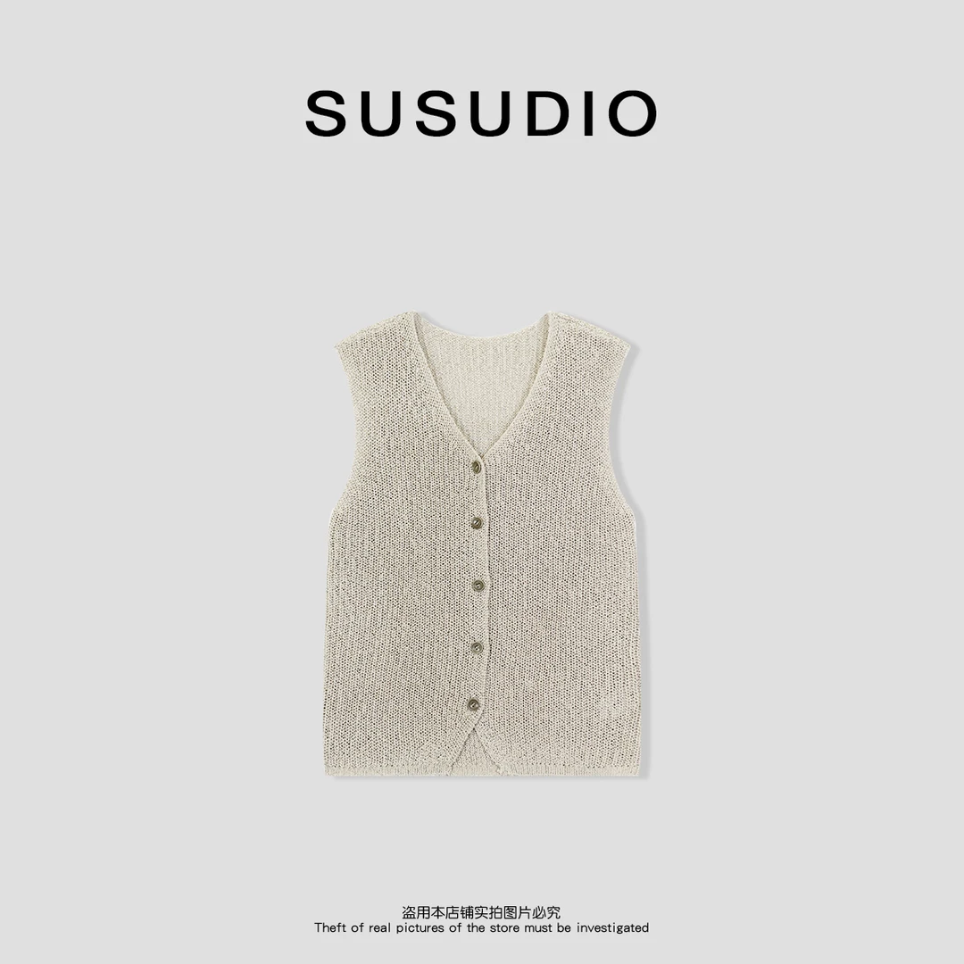 SUSUDIO 设计款新款百搭无袖单排扣针织马甲70114