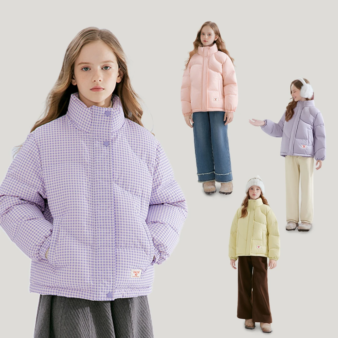 笛莎官方童装女童羽绒服25冬季新款儿童保暖格子短款立领加厚外套