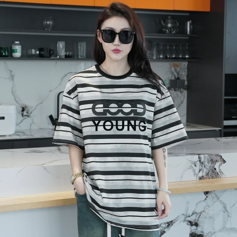 2025夏季新款短袖男士t恤百搭休闲潮流宽松半袖条纹字母时尚