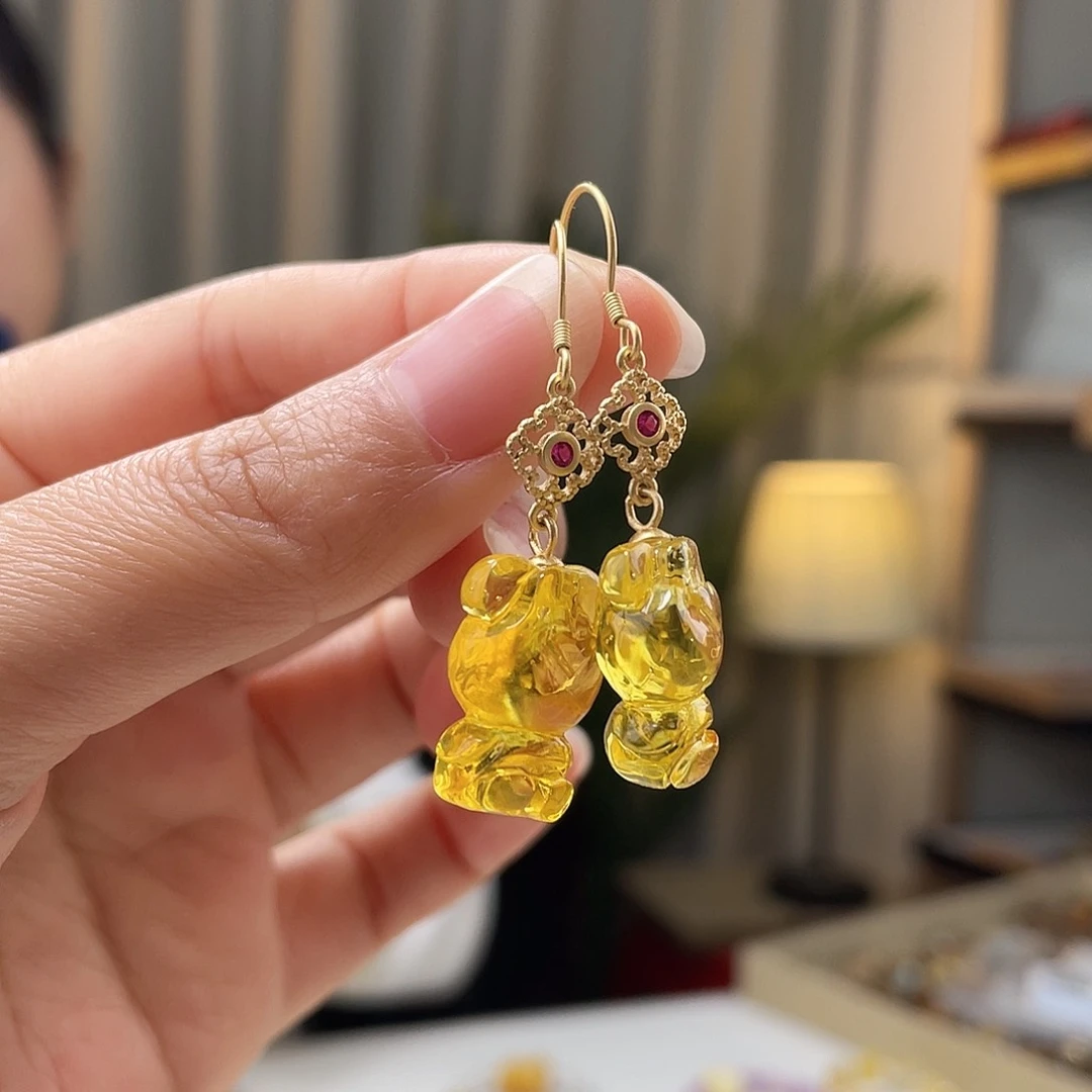 琥珀裸石银S925镶嵌琥珀耳坠
