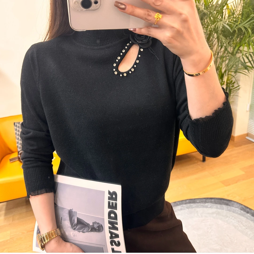 欧美风针织钉珠厚款适中毛针织衫衫洋气黑色