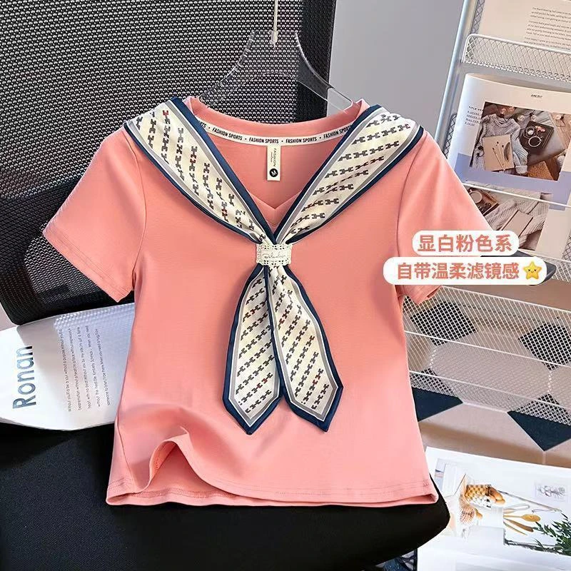 大码高级感短袖t恤女夏2025新款胖mm宽松显瘦设计感百搭正肩上衣