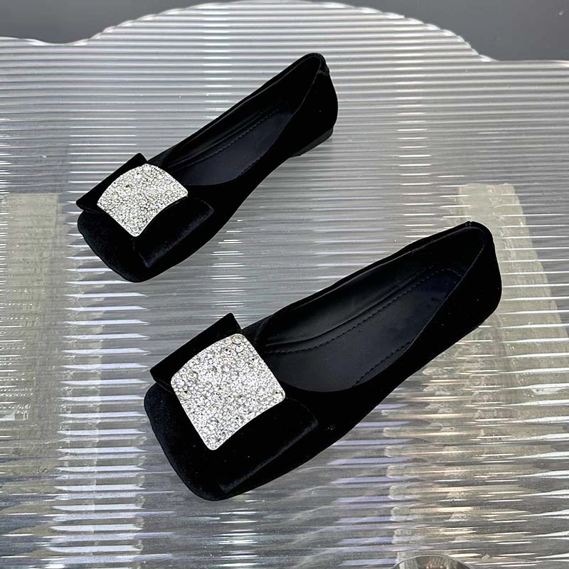 2025夏季新款真皮蝴蝶结水钻软底舒适方头法式气质浅口瓢鞋H337