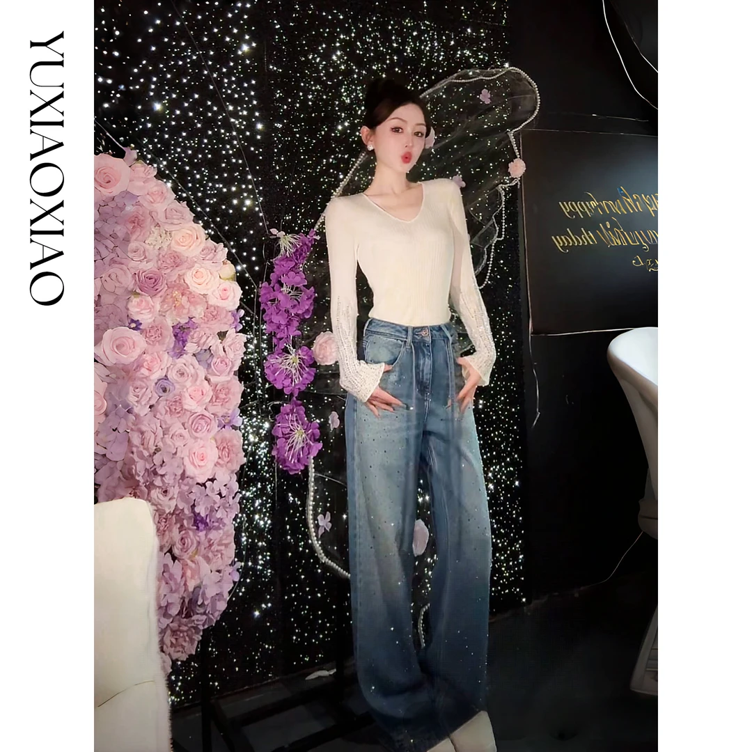 余潇潇【万千星辉】棉感百搭气质时髦精致烫钻直筒牛仔裤秋冬新款