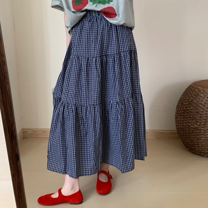 复古慵懒风蓝色格子半身裙女夏季蓬蓬蛋糕裙高腰垂感休闲a字长裙