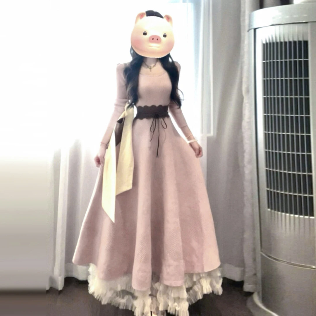 2026新款法式温柔粉色针织长袖连衣裙子女秋冬季内搭a字收腰长裙