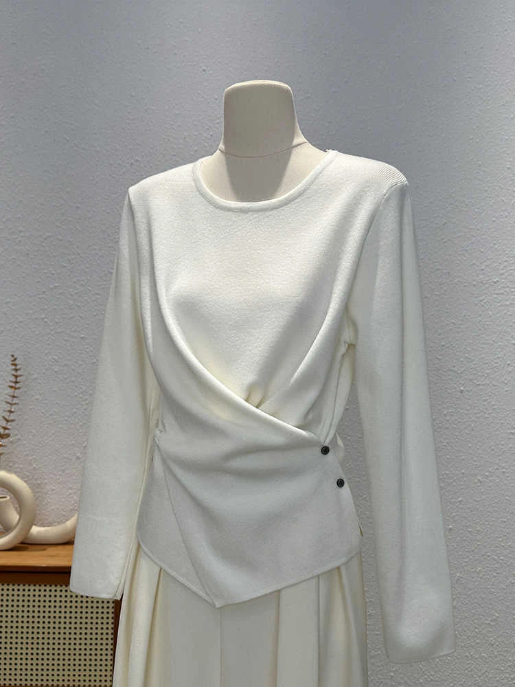 针织衫女秋季薄设计感不规则纽扣百搭打底衫韩系独特别致收腰上衣