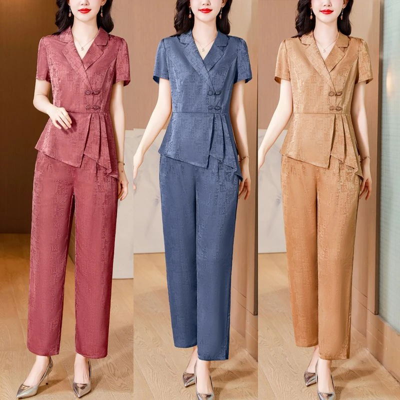 气质西装领短袖两件套女2025夏季新款中年妈妈提花时髦套装