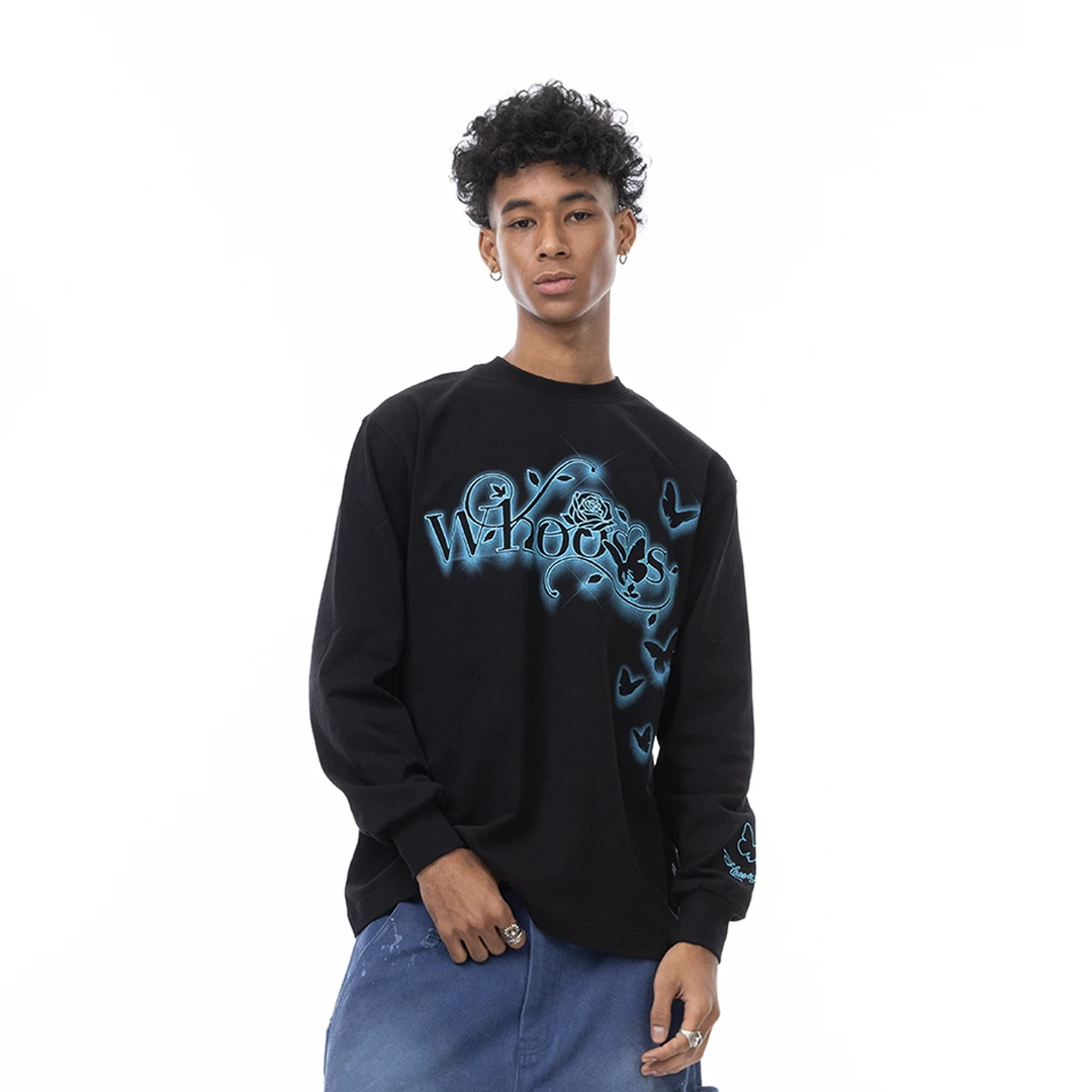 WHOOSIS（不知其名）浪漫发光蝴蝶炒雪花长袖T恤休闲宽松潮流男女