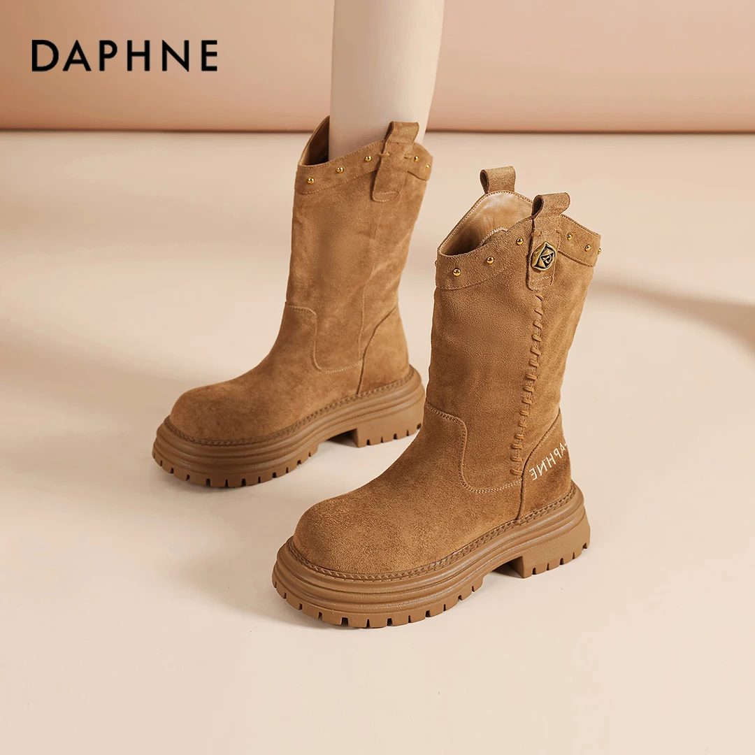 达芙妮中筒靴女2025超火美拉德西部牛仔靴棕色马丁靴超火百搭短靴