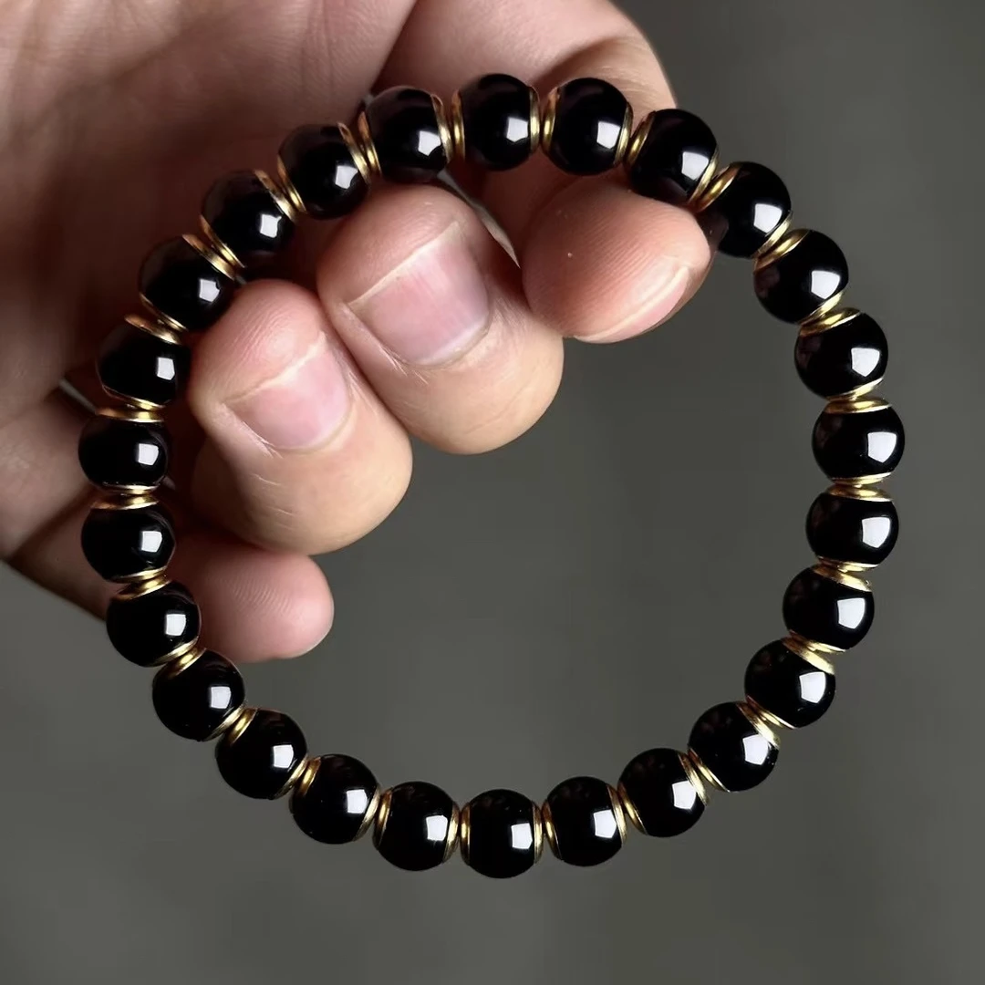 纯黑玛瑙龙脊白玉菩提8mm镶嵌纯色天铁珠宝感十足