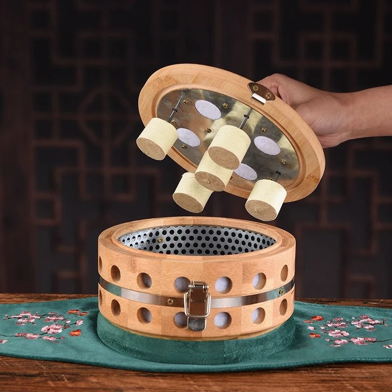 新款高端加厚五针实木楠竹无烟刺绣艾灸盒肚子腹部腰部都可用控温