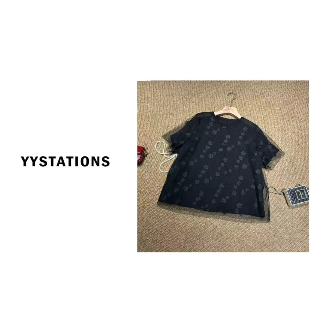 YYSTATIONS 圆领立体花朵双层网纱t桖女拼接短袖洋气T恤-25148