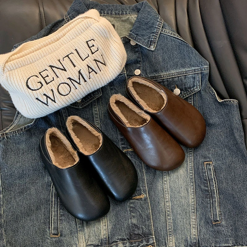 皮面防水加绒豆豆鞋女冬季2024新款一脚蹬保暖毛毛鞋软底孕妇棉鞋