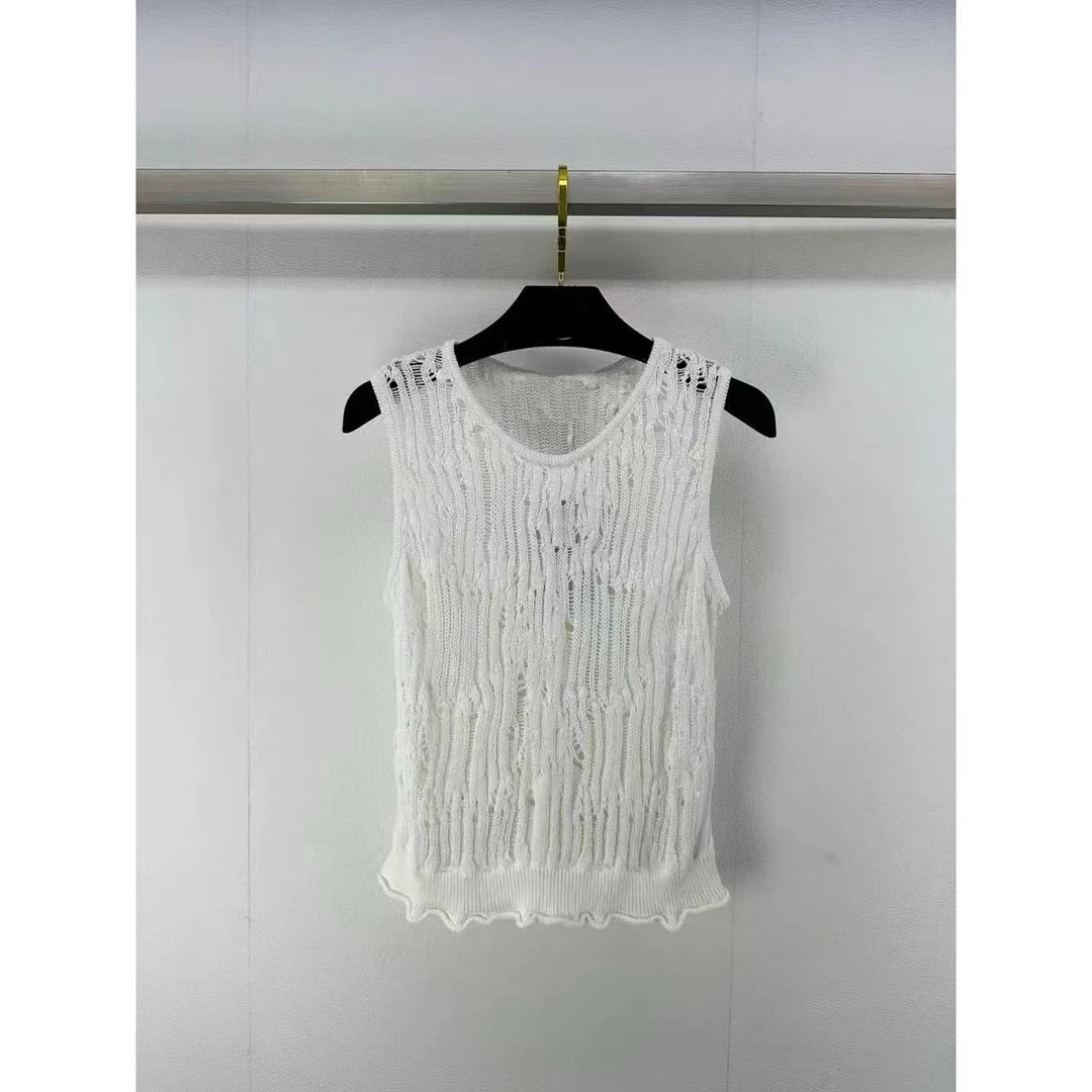 ICCLEK 白色圆领镂空无袖针织背心 -5595