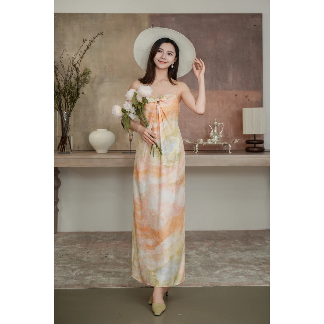 NIXNIA 新品 100%桑蚕丝蝴蝶结优雅吊带连衣裙女 NGD2FSW022