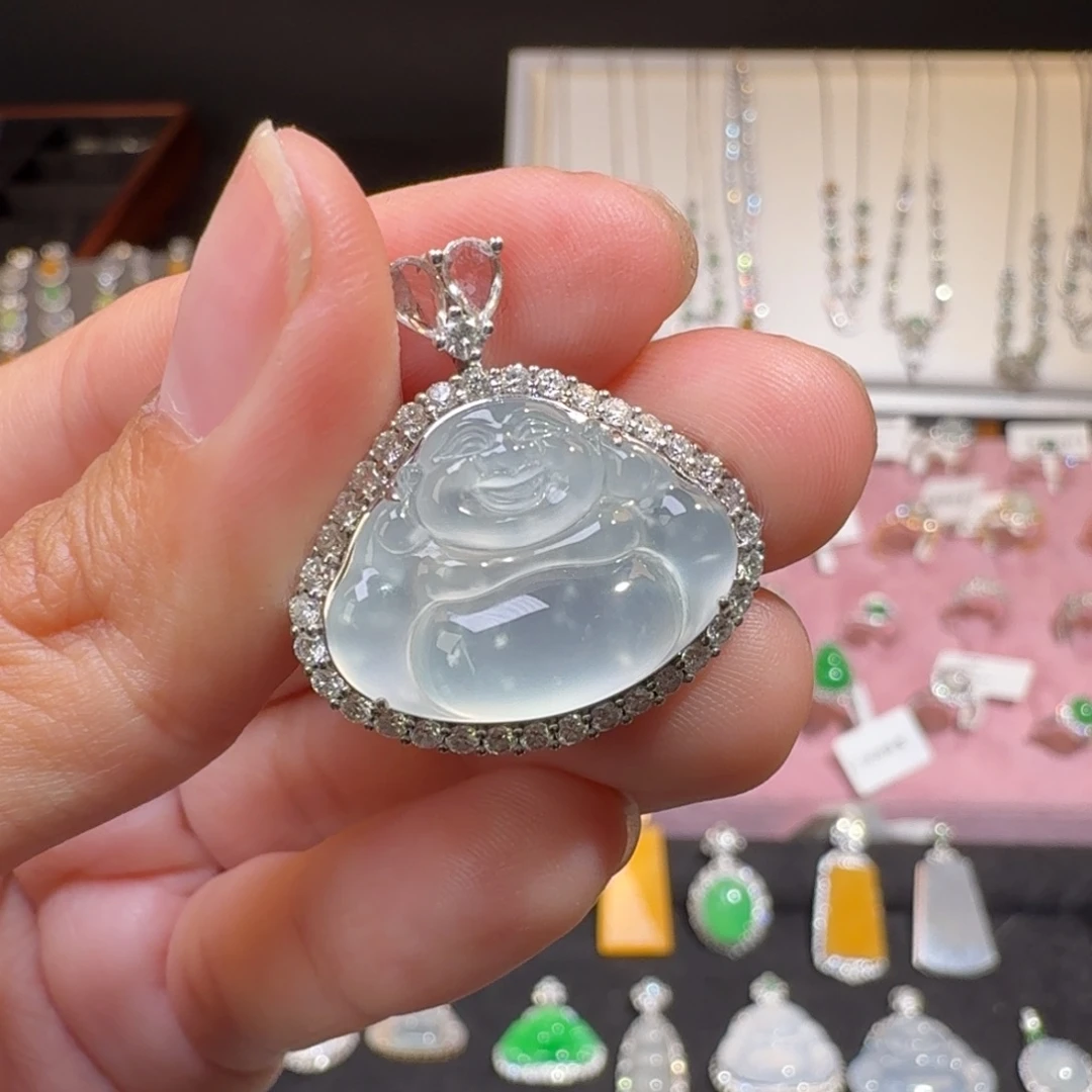 翡翠18K金镶嵌颈饰纯天然缅甸翡翠A货佛公