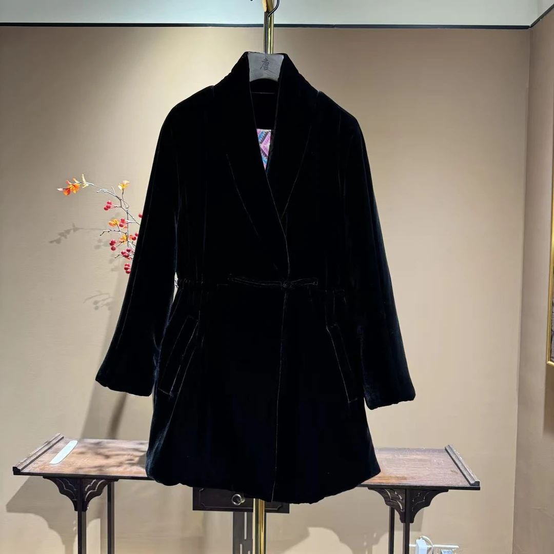 【蒂素丝绸】  高定新款国风新中式100%桑蚕丝青果领抽腰棉衣   670