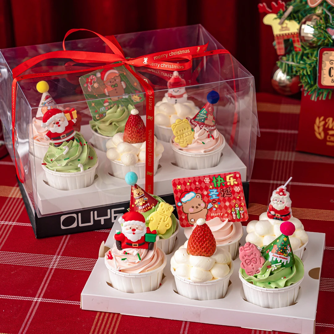 2026圣诞节纸杯蛋糕装饰抱礼物老人摆件圣诞快乐雪人老人蜡烛插件