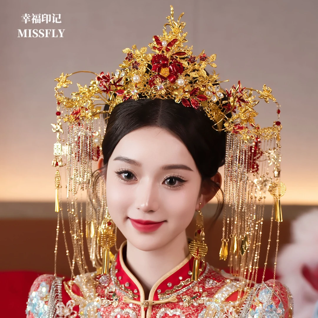 新娘龙凤褂秀禾头饰凤冠喜字水钻流苏步摇后区大气喜庆华丽发饰