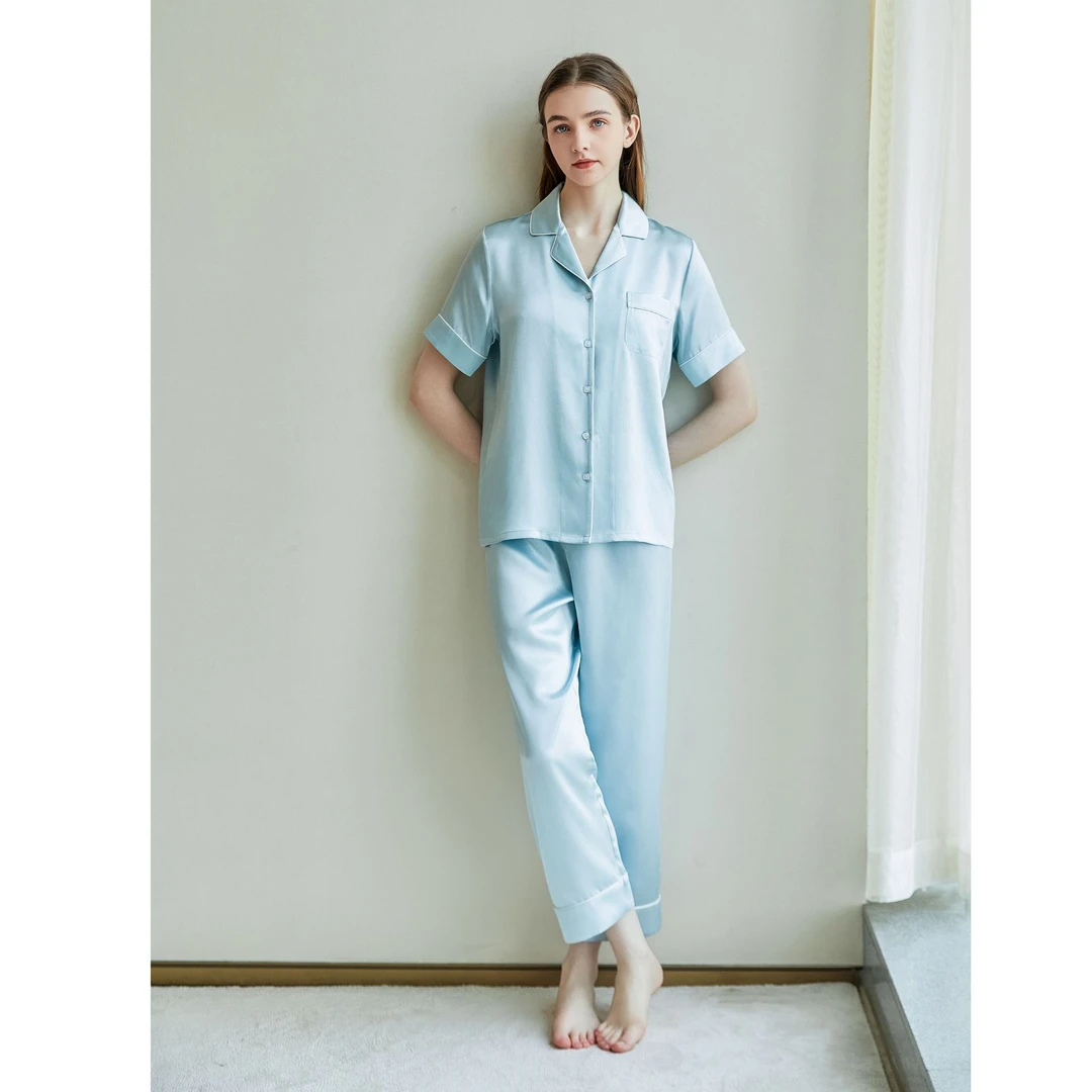 女款19姆米真丝睡衣情侣款夏季短袖长裤100%桑蚕丝家居服套装