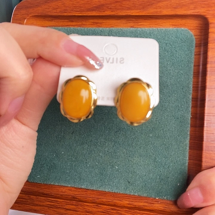 蜜蜡银S925镶嵌耳饰耳钉
