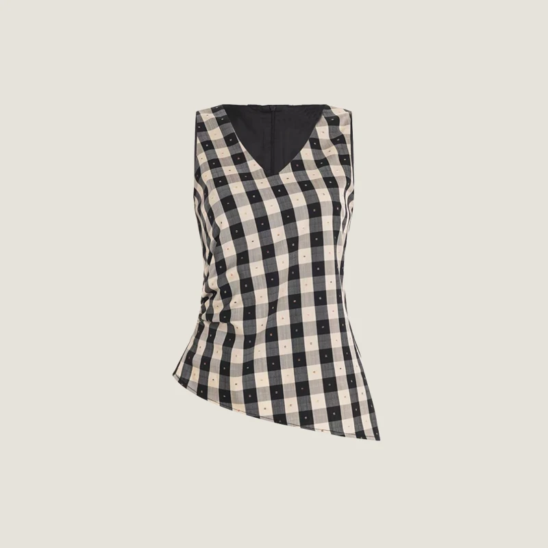 格纹立体刺绣V领褶皱收腰不规则无袖背心