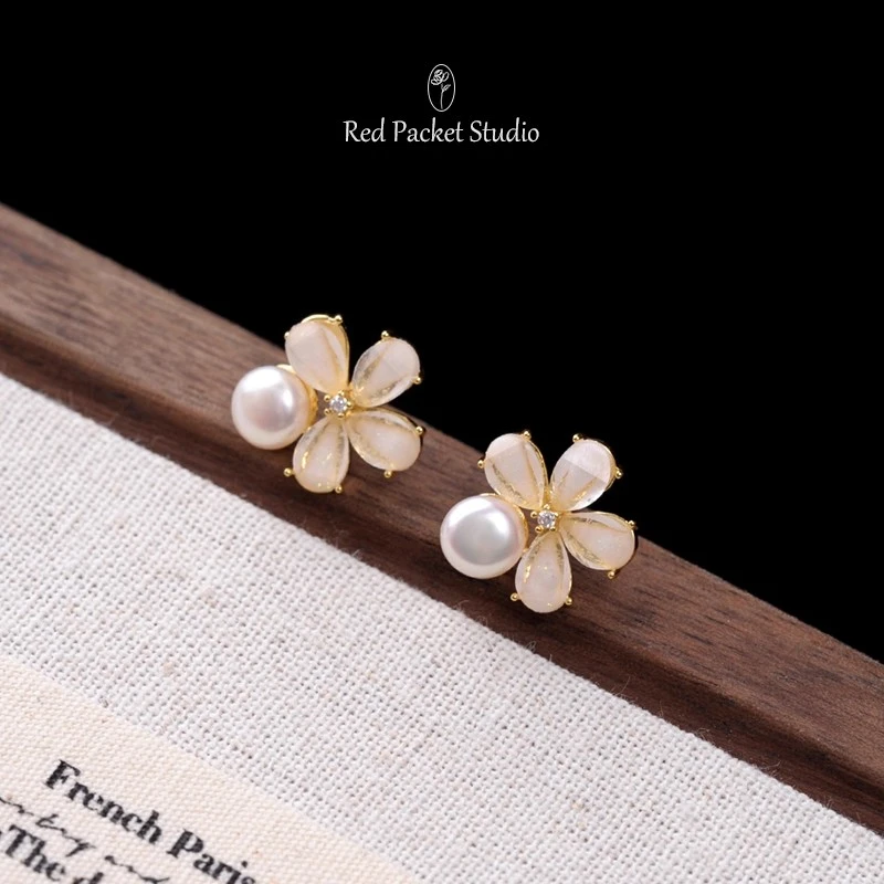 合金耳饰 法式复古浪漫珍珠樱花耳钉S925银针甜美花朵耳环轻奢