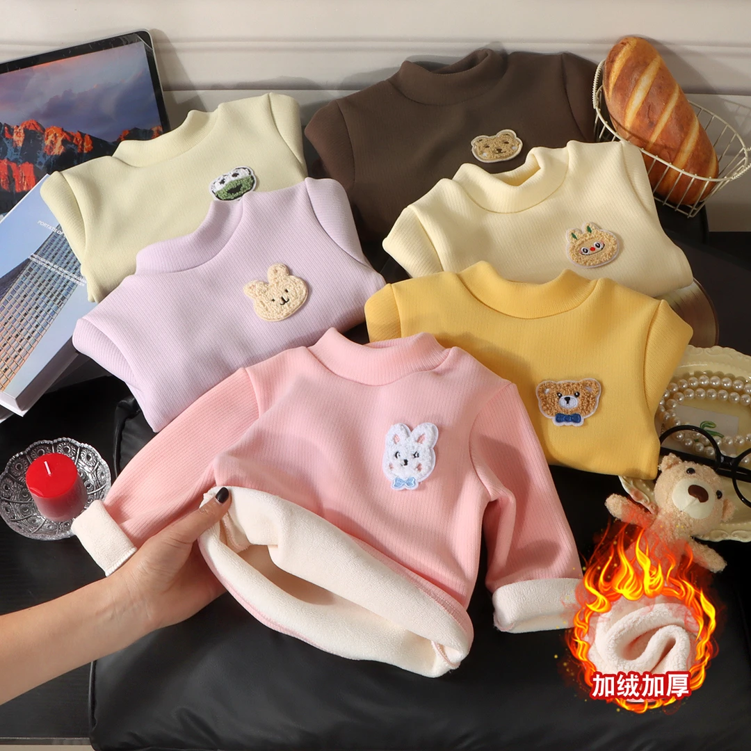 秋冬儿童加绒加厚A类男女童套头厚卫衣冬装内搭半高领保暖打底衫