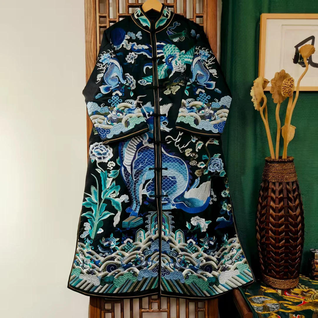 棉（LS702）凤徕兮私人定制黑色光板底蓝麒麟重工刺绣立领长棉服