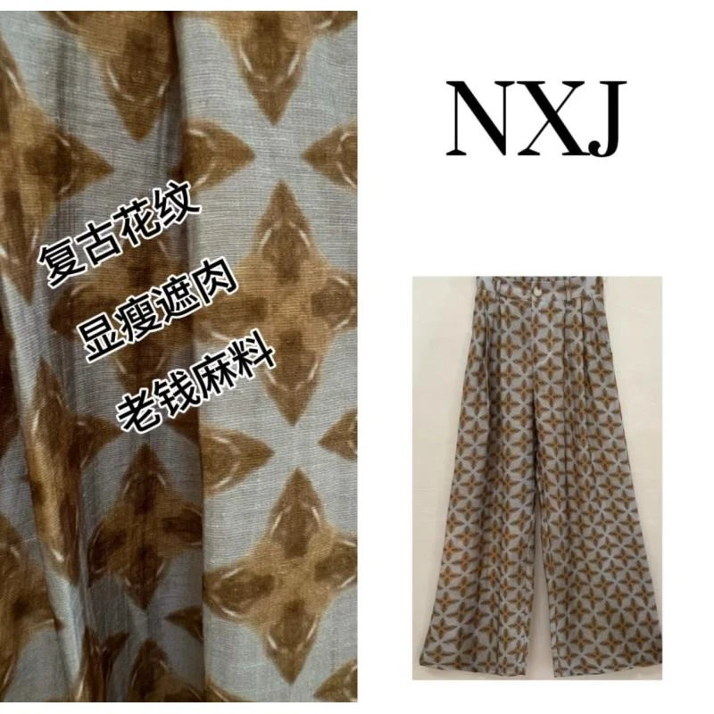 NXJ【放羊的星星】微胖大码 复古花纹麻料阔腿裤长裤 250641