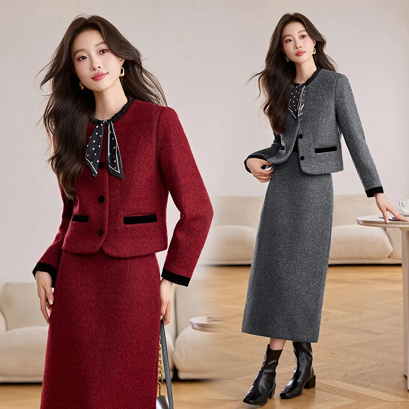 红色小香风毛呢套装裙女2025秋冬气质独特超好看礼服半身裙两件套