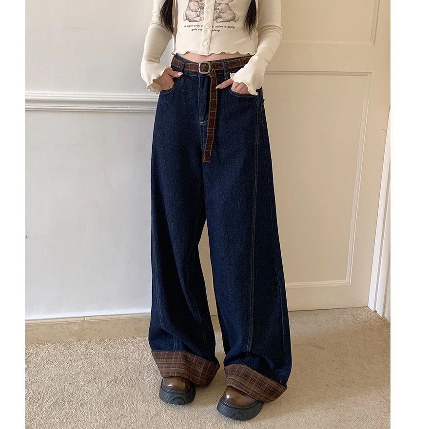 【吵吵家】牛仔裤格纹卷边配腰带设计感小众8379