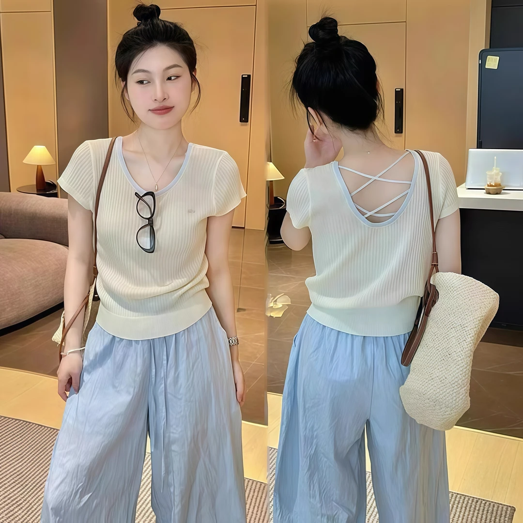 夏季时尚拼接色交叉露背冰丝针织衫短袖女T恤上衣设计感小众ins韩