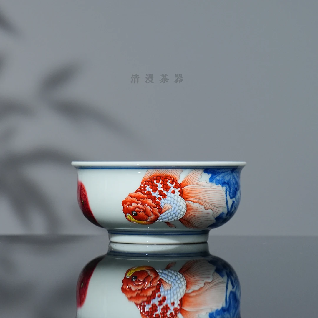 屹朴堂青花釉里红斗彩泰狮鱼单杯130ml 手绘高档送礼茶器主人杯