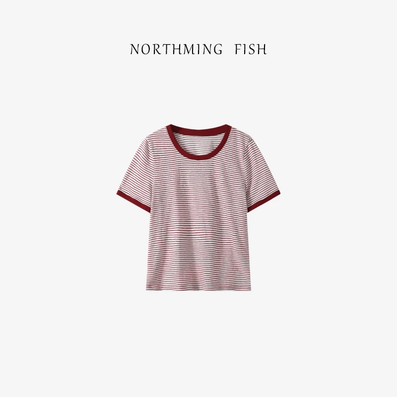 NorthMing fish「苹果核」休闲随性 时髦撞色条纹短袖