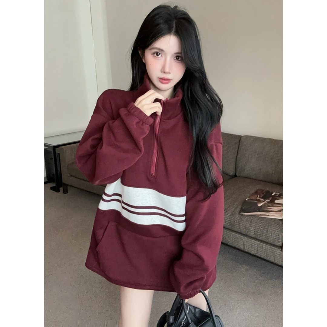 秋季新款韩版宽松显瘦加绒春秋长袖加厚立领卫衣V领拉链上衣女